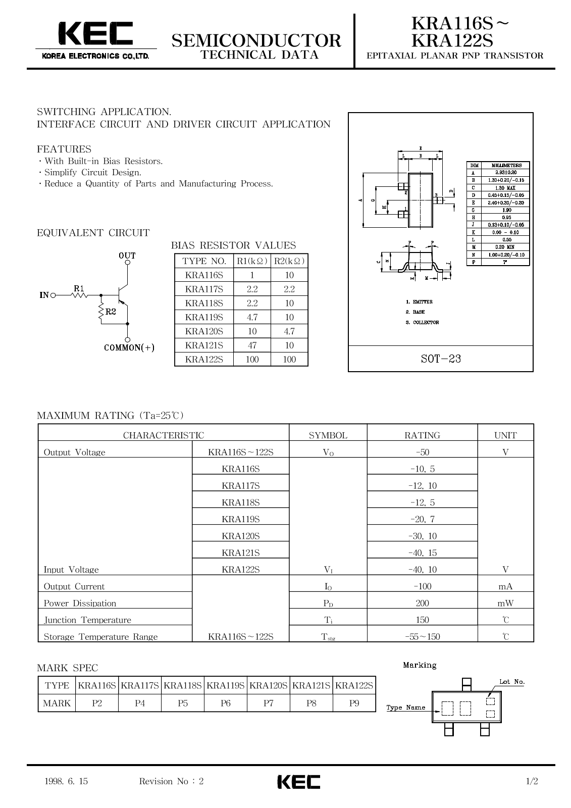 KEC KRA121S, KRA120S, KRA119S, KRA117S, KRA116S Datasheet