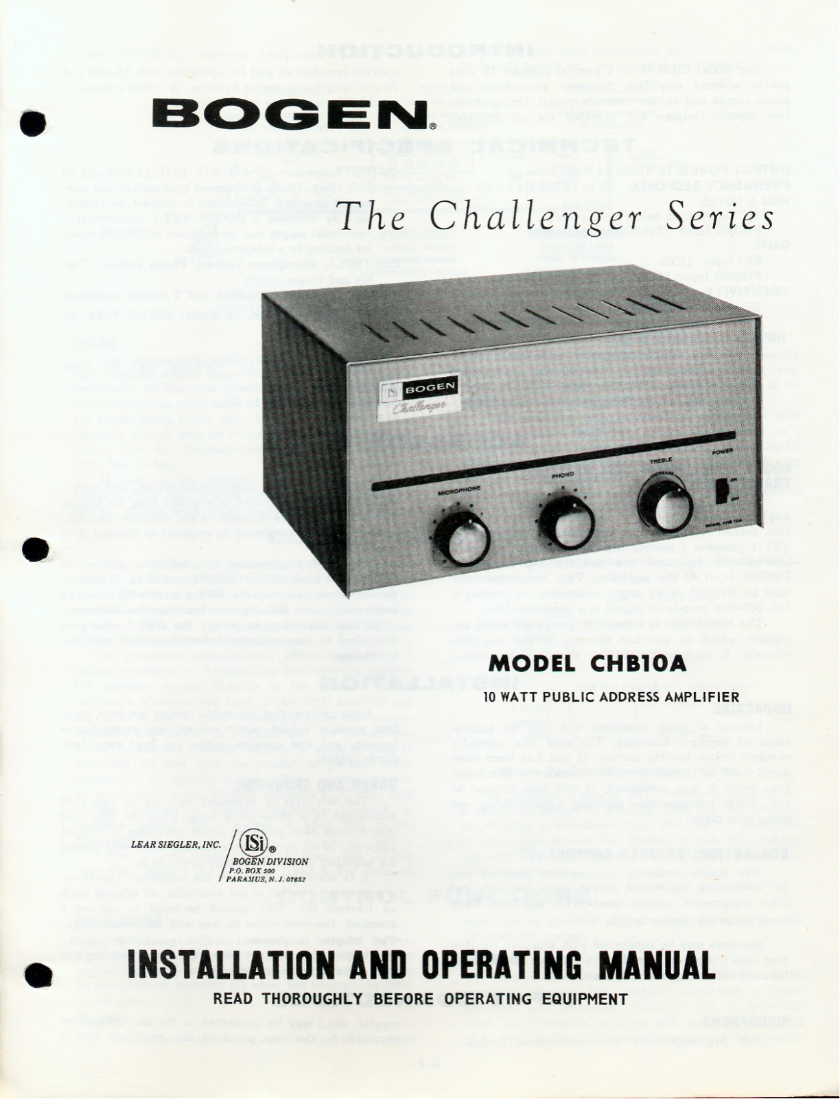 Bogen CHB10A 2 Operating Manual