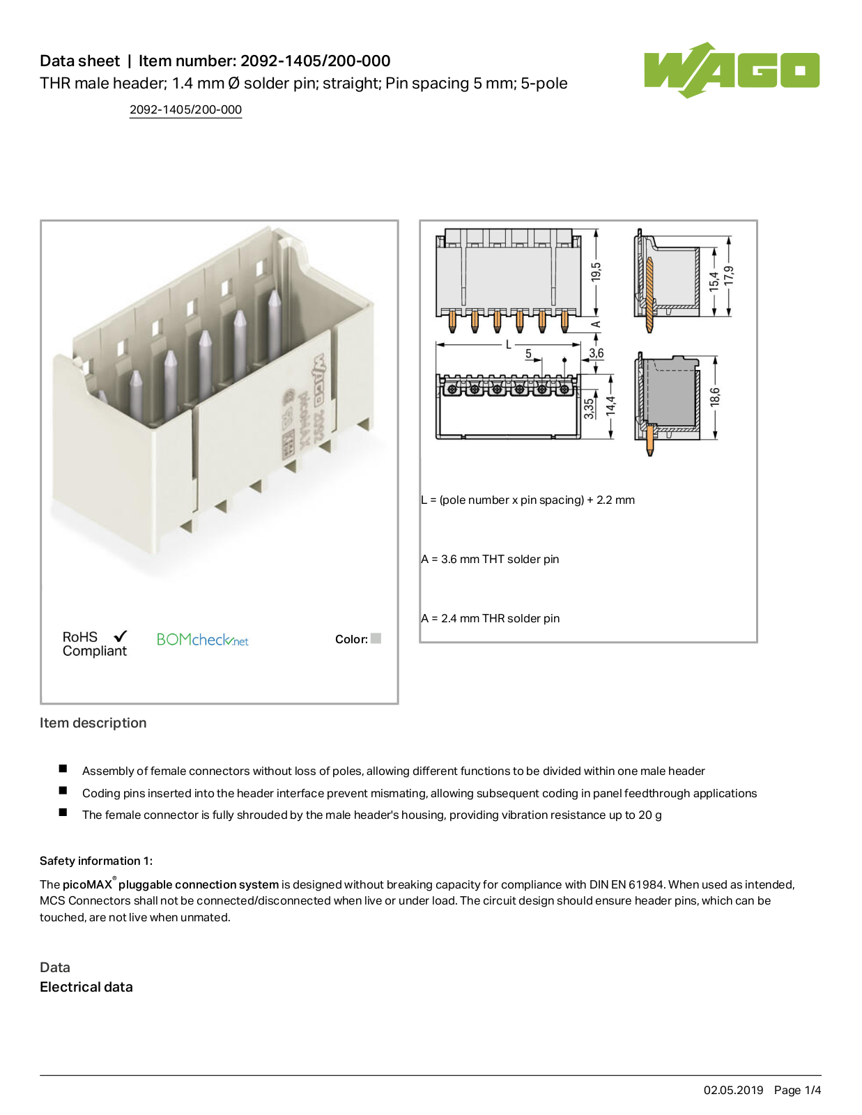 Wago 2092-1405/200-000 Data Sheet