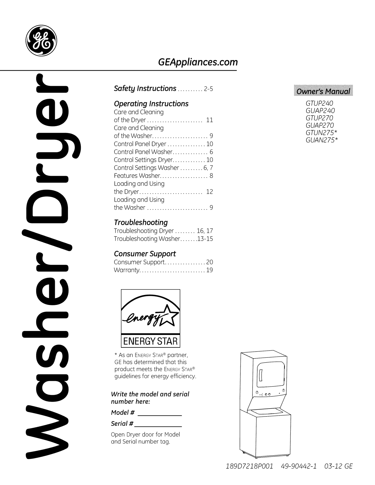 GE GTUP270GM5WW, GTUP270GM4WW, GTUP270EM5WW, GTUP270EM4WW, GTUP240GM6WW Owner’s Manual