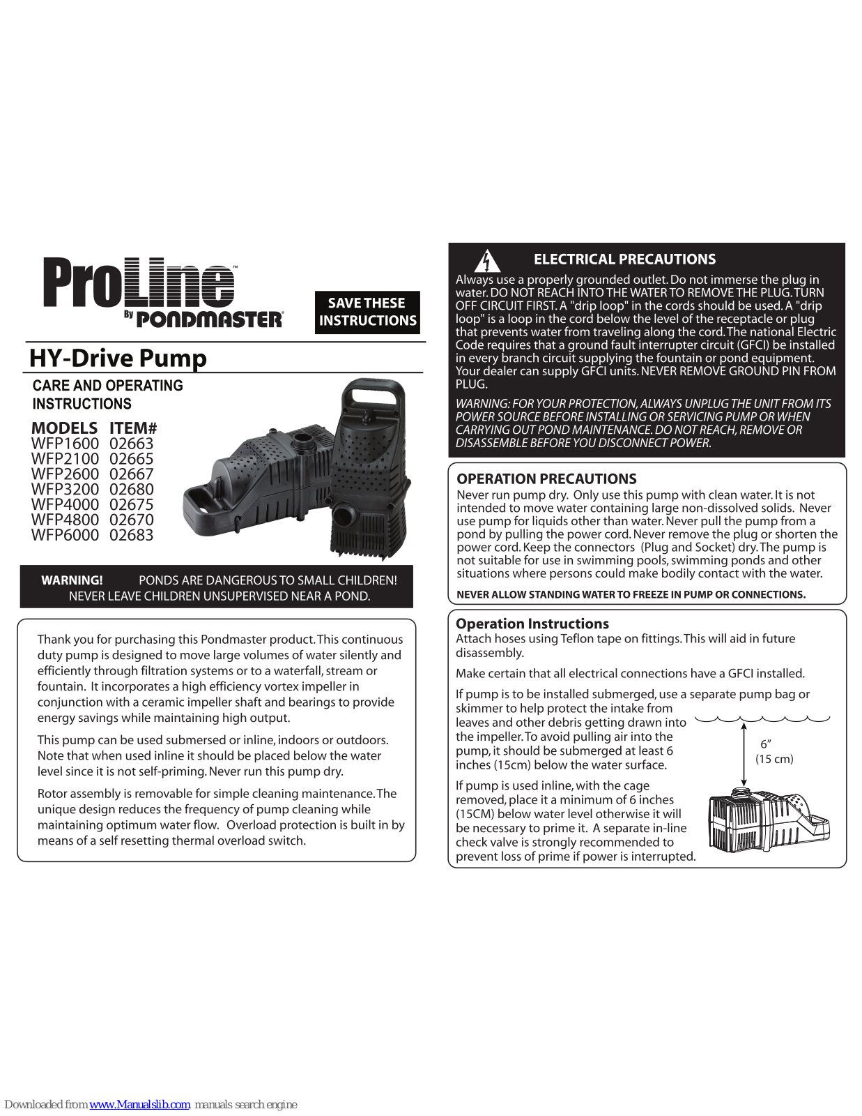 Proline WFP1600, WFP2100, WFP2600, WFP3200, WFP4000 Care And Operating Instructions