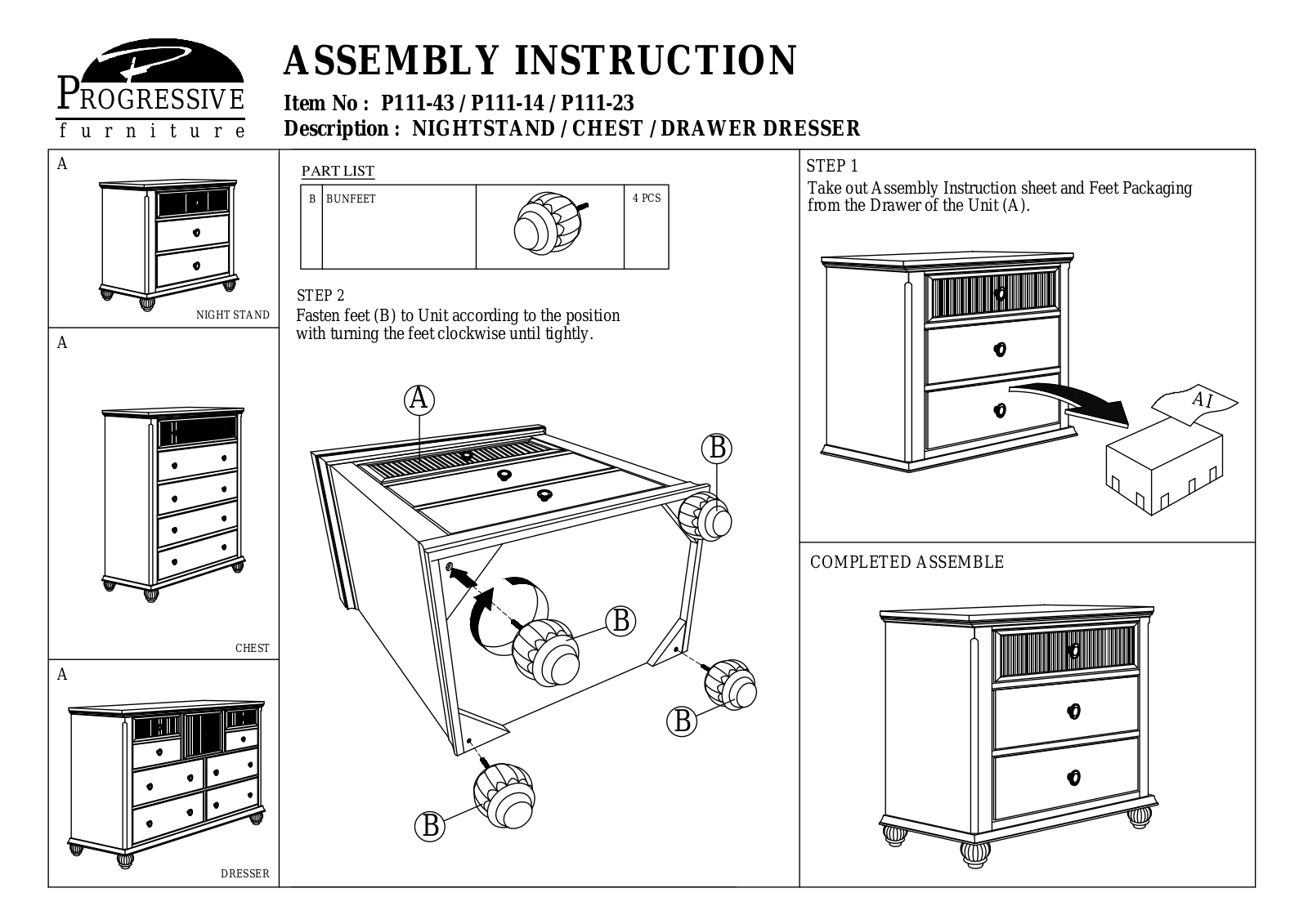 Progressive Furniture P11123, P11143 Assembly Guide