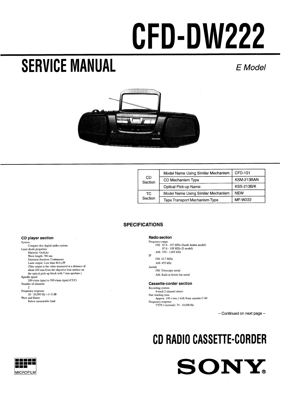 Sony CFDDW-222 Service manual