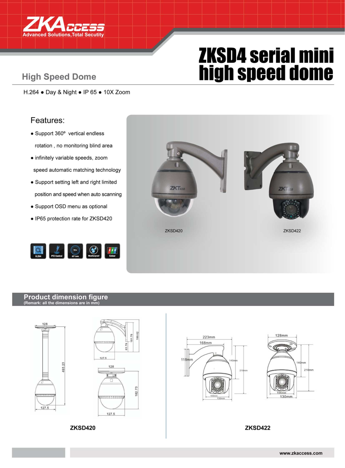 ZKAccess ZKSD422, ZKSD422-W, ZKSD420, ZKSD420-W Specsheet