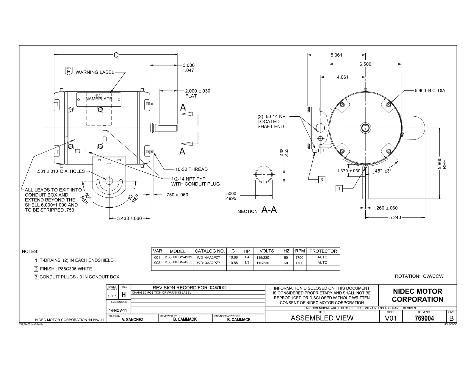 US Motors WD13AA2PZ7, WD14AA2PZ7 Dimensional Sheet