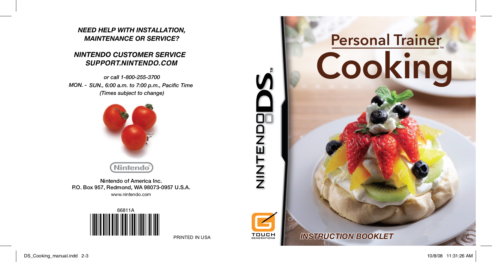 NINTENDO DS Personal Trainer: Cooking User Manual