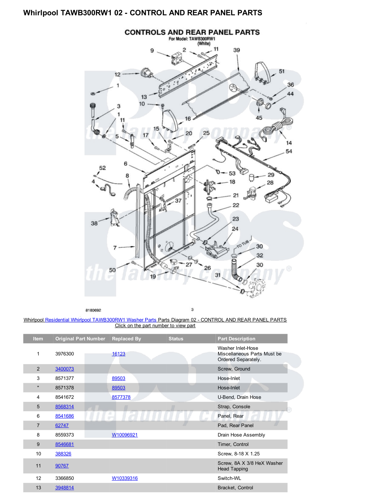 Whirlpool TAWB300RW1 Parts Diagram