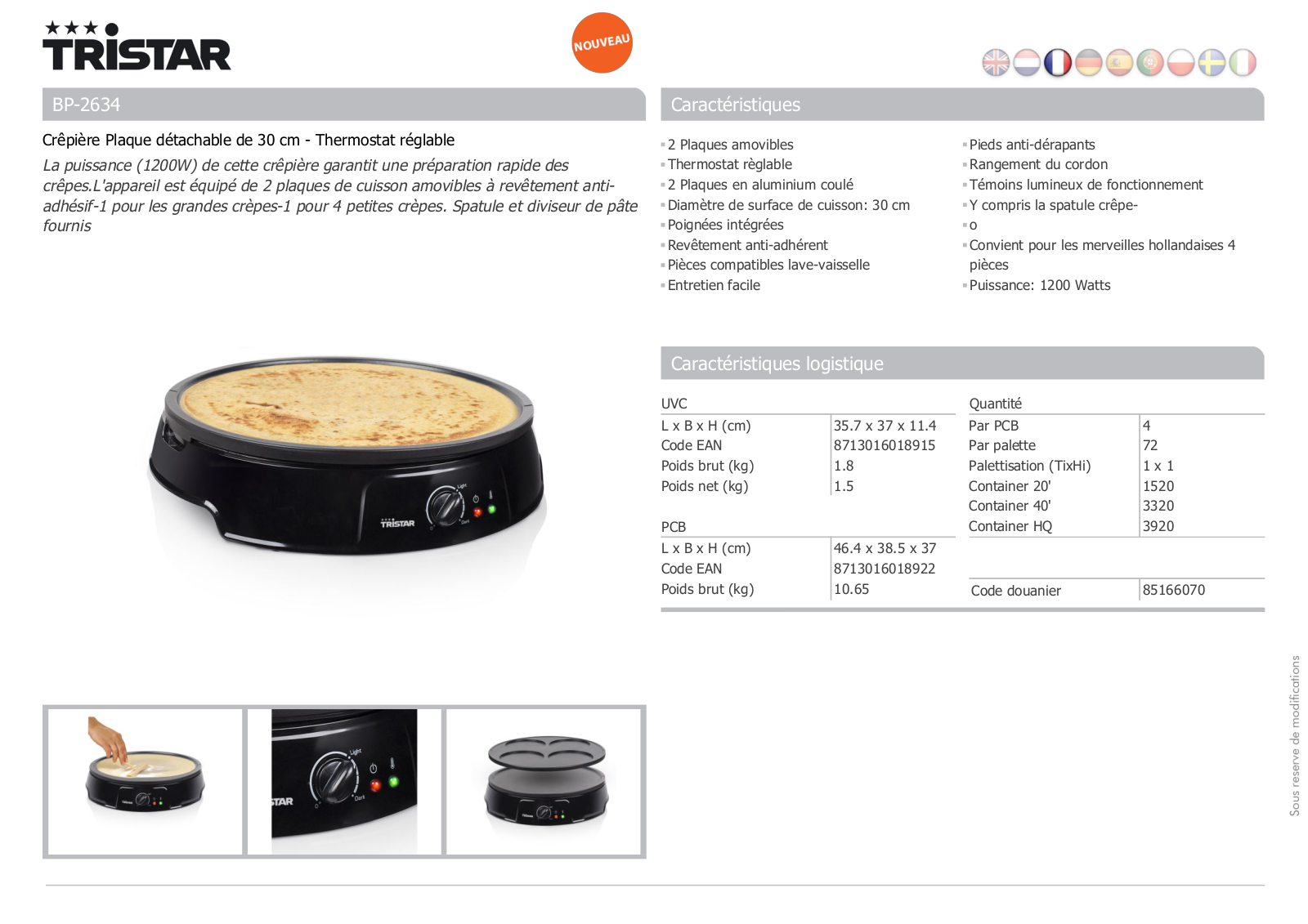 Tristar BP­-2634 product sheet