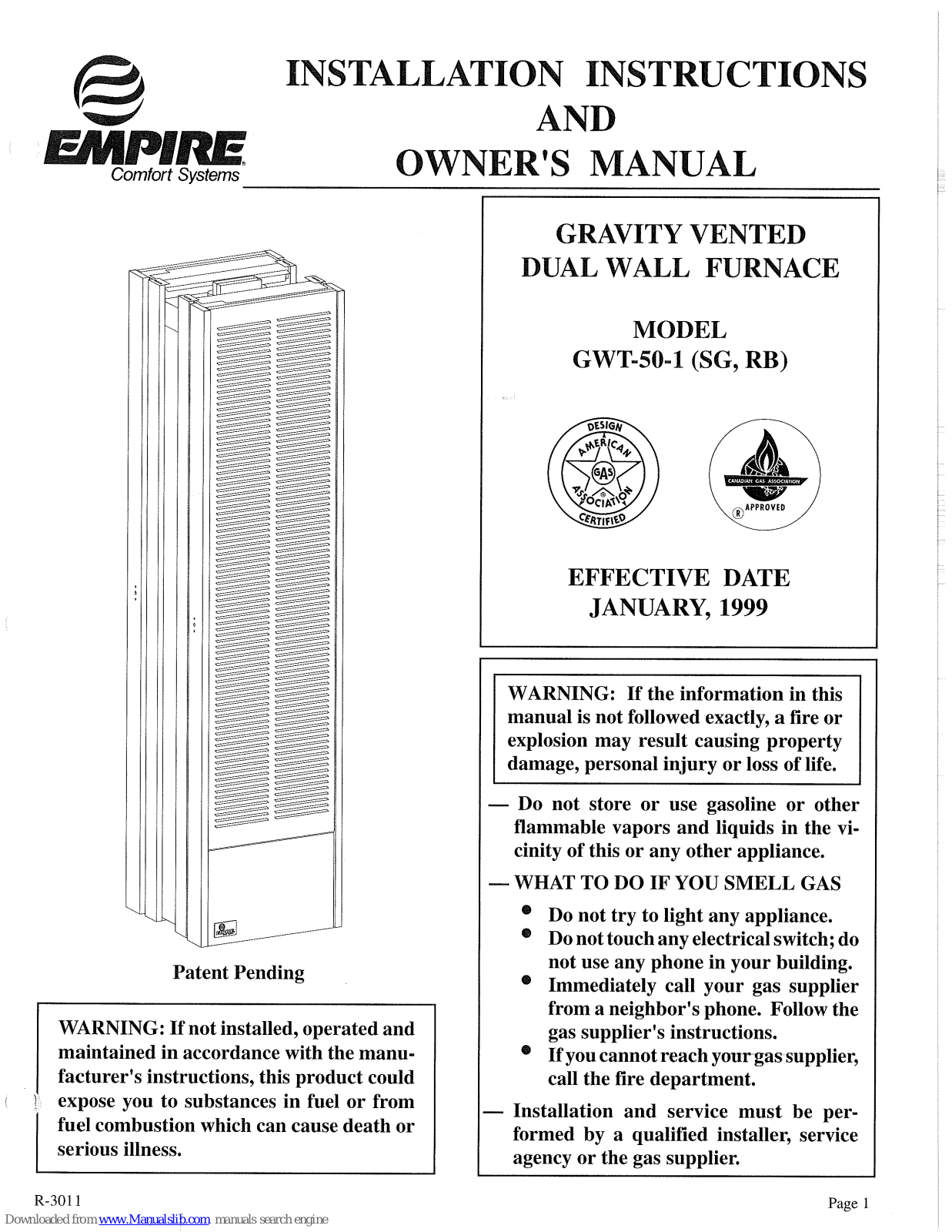 Empire Comfort Systems GWT-50-1, GWT-50-1 SG, GWT-50-1 RB Installation Instructions And Owner's Manual