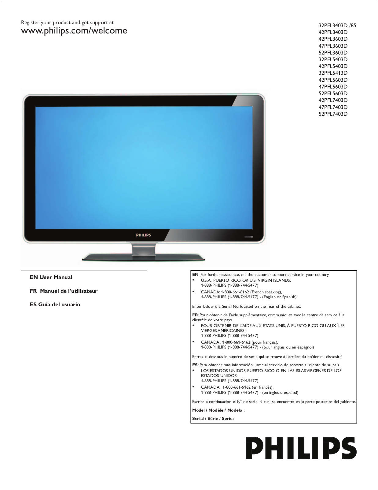 Philips 52PFL7403D/F7, 52PFL5603D/F7, 47PFL7403D/F7, 47PFL5603D/F7, 42PFL7403D/F7 User manual