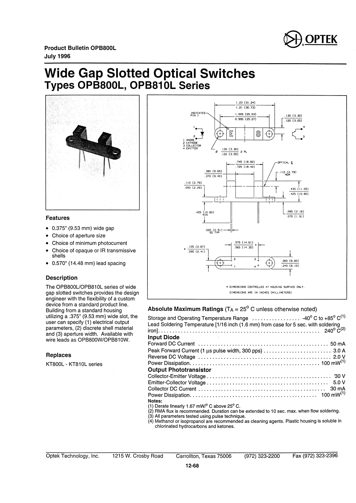 Datasheet OPB810N55, OPB811N55, OPB800L51, OPB800W55, OPB802L55 Datasheet (OPTEK) - ManualMachine.com