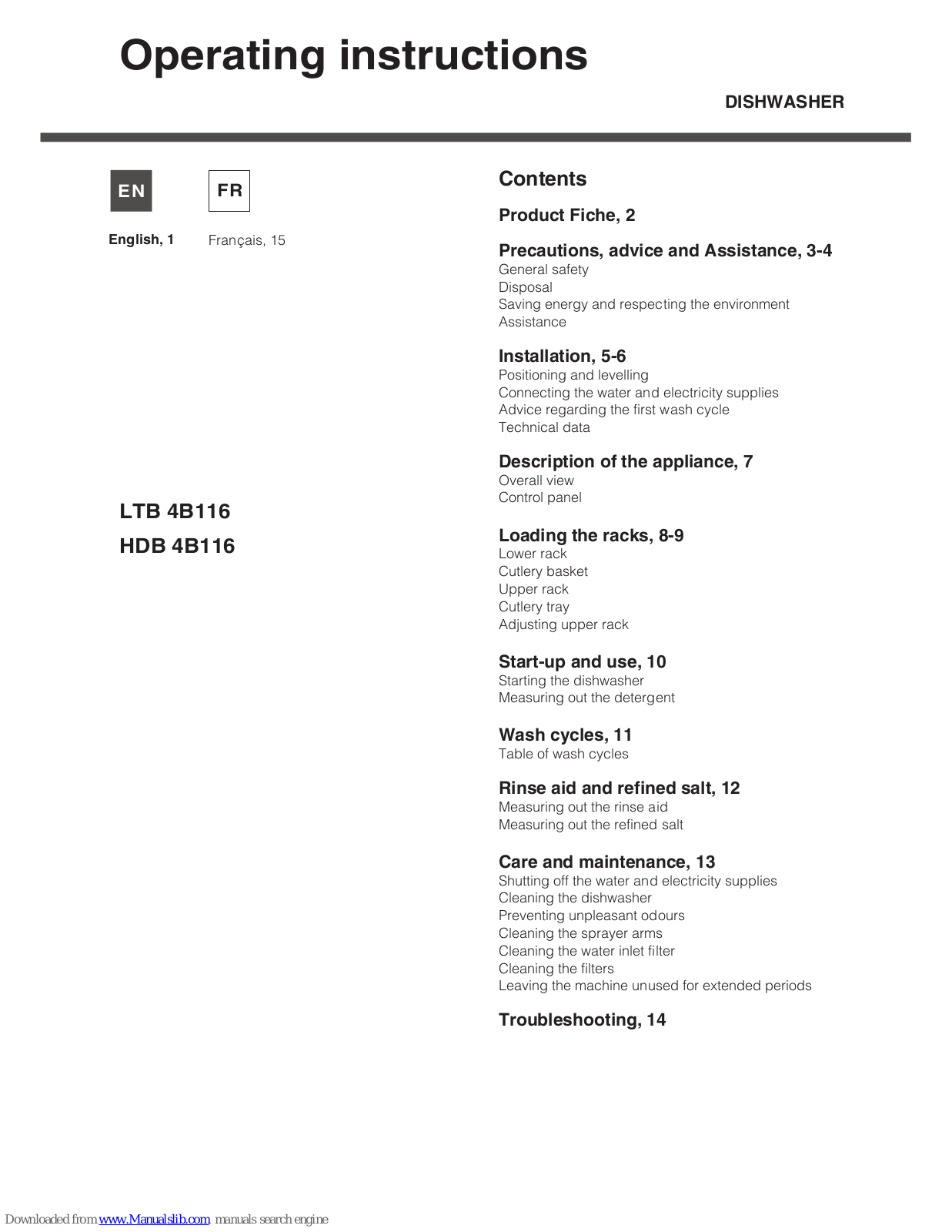 Hotpoint Ariston LTB 4B116, HDB 4B116 Operating Instructions Manual