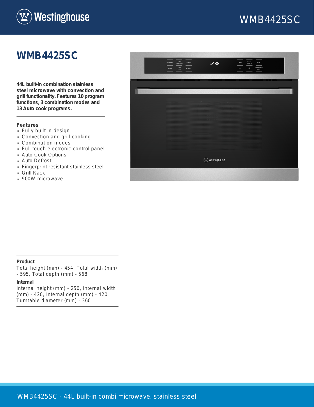 Westinghouse WMB4425SC Specifications Sheet