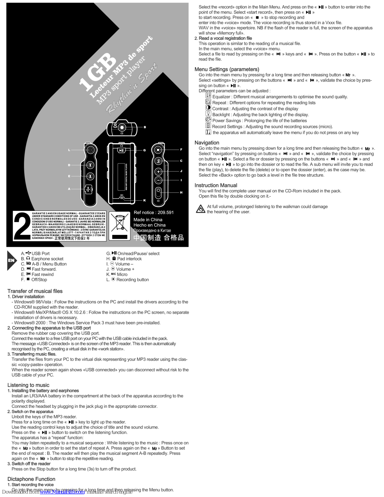 GEONAUTE MP3 PLAYER 1GB User Manual