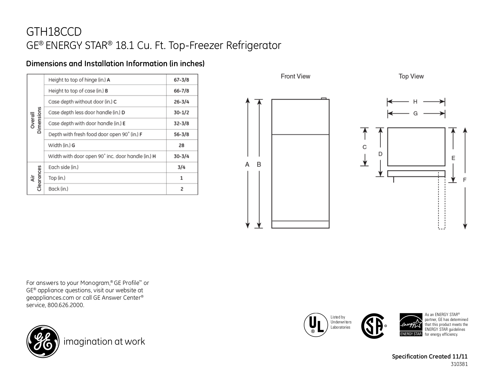 GE GTH18CCD Specification