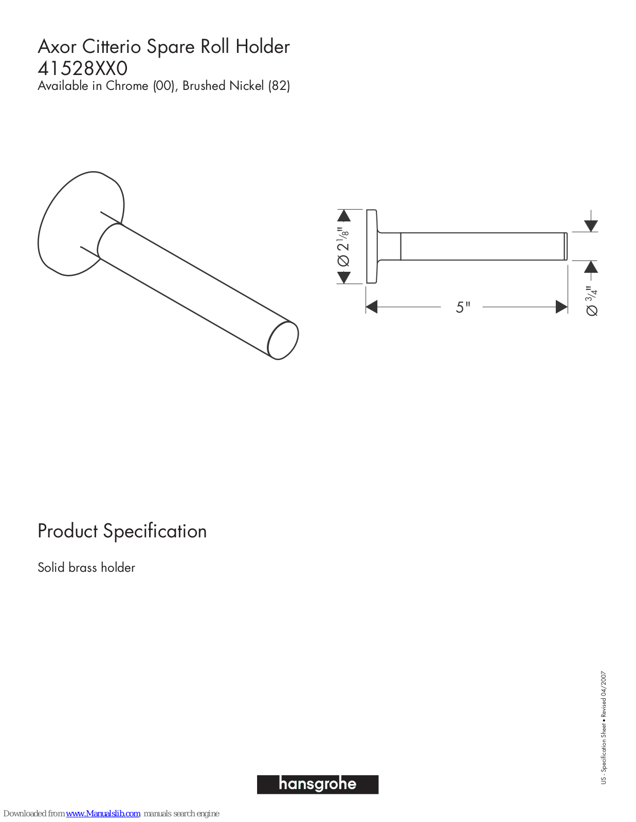 Hansgrohe 41528000, 41528820 Specification Sheet