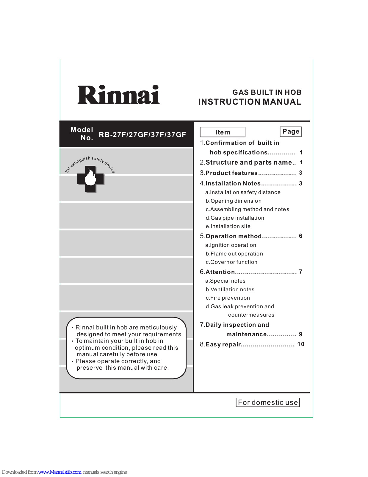 Rinnai RB-27F, RB-27GF, RB-37GF, RB-37F Instruction Manual