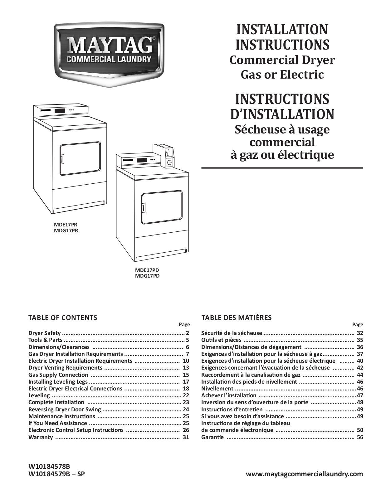 Maytag MDE17PRAZW, MDG17PDAWW, MDG17PDAXW, MDG17PRAWW, MDE17PDAYW Installation Instructions