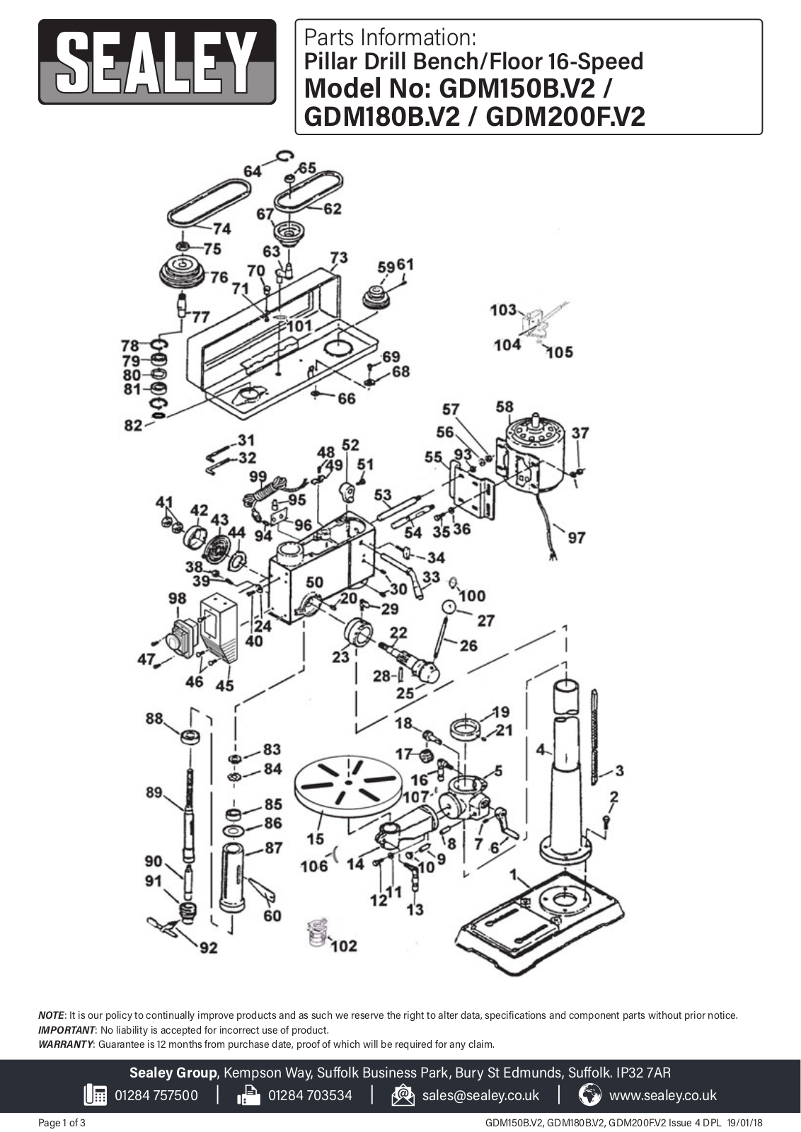 Sealey GDM150B.V2, GDM180B.V2, GDM200F.V2 Parts Listing