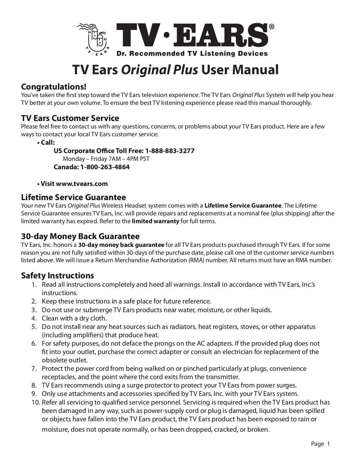 TV Ears Headphones User Manual