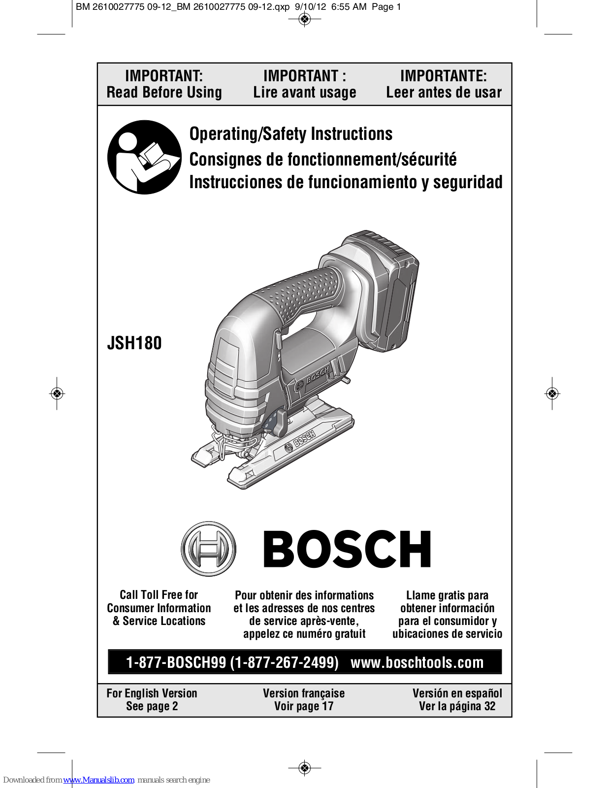 Bosch JSH180 Operating/safety Instructions Manual