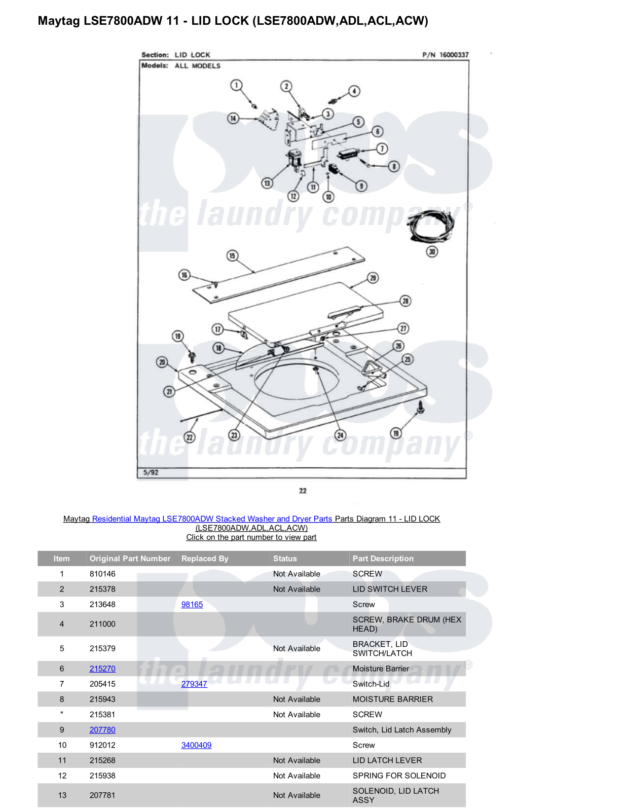 Maytag LSE7800ADW Stacked and Parts Diagram