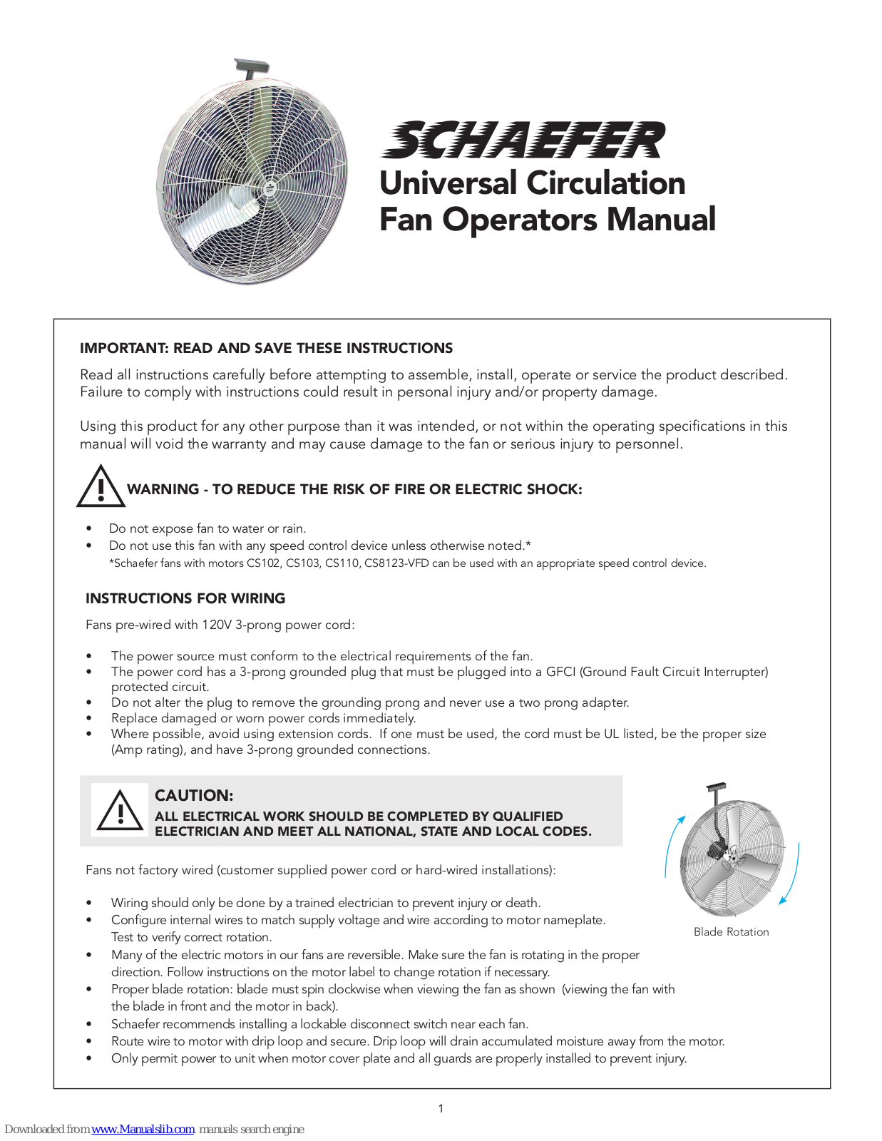 Schaefer CS102,CS103,CS110,CS8123-V Operator's Manual