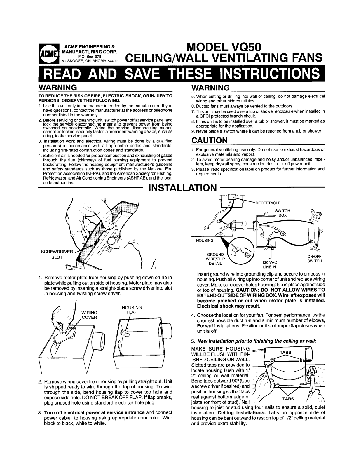 Acme Engineering VQ50 Installation  Manual