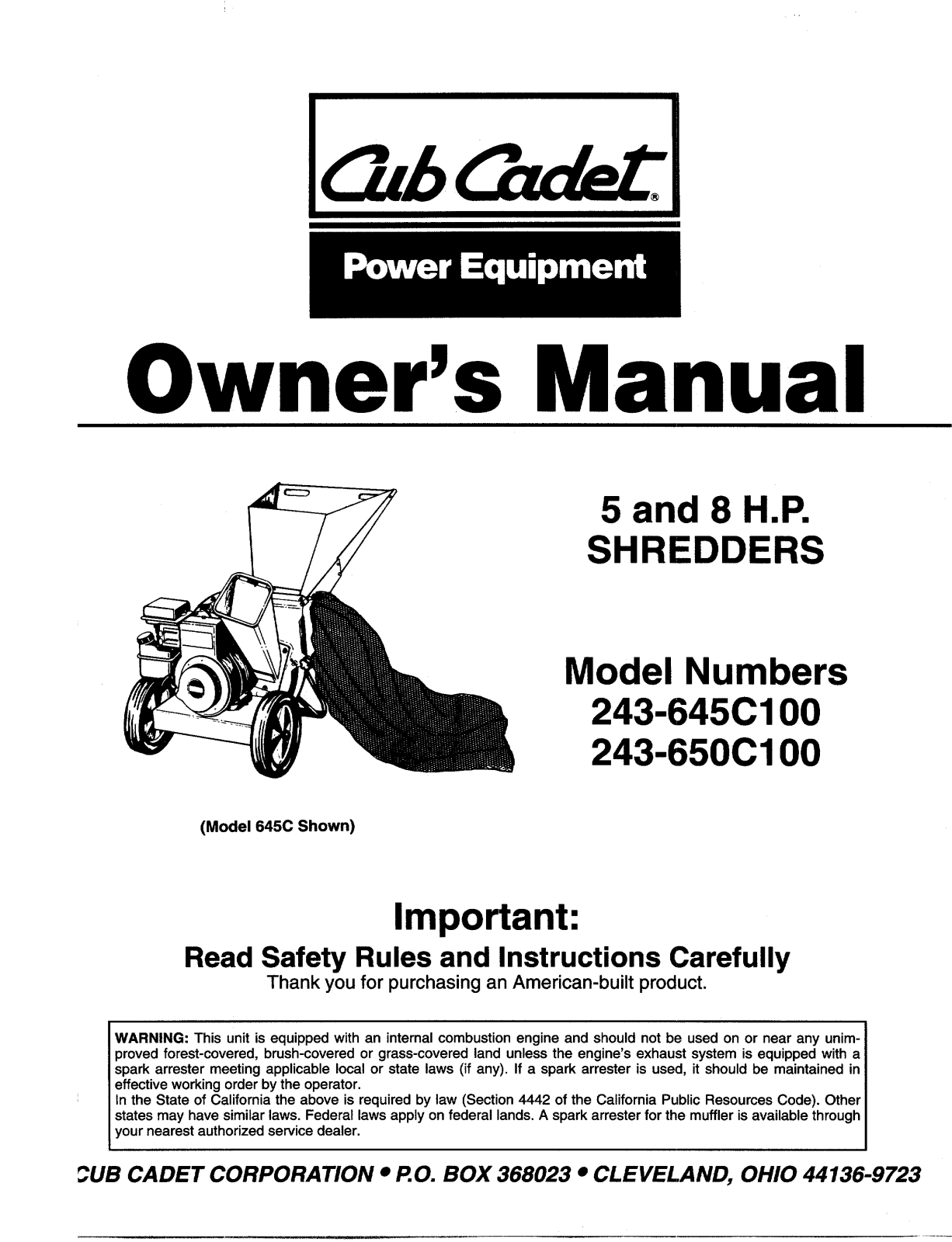 Cub Cadet 243-650C100, 243-645C100 User Manual