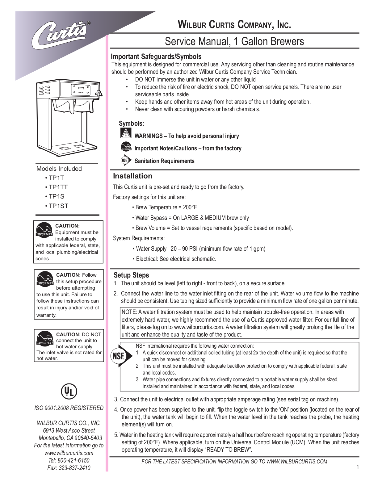 Wilbur Curtis TP1T User Manual