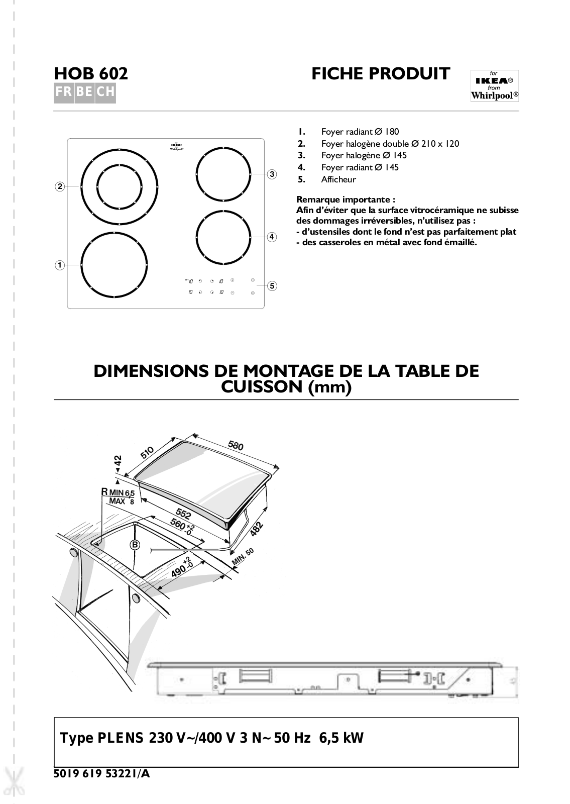 Whirlpool HOB 602 PRODUCT SHEET