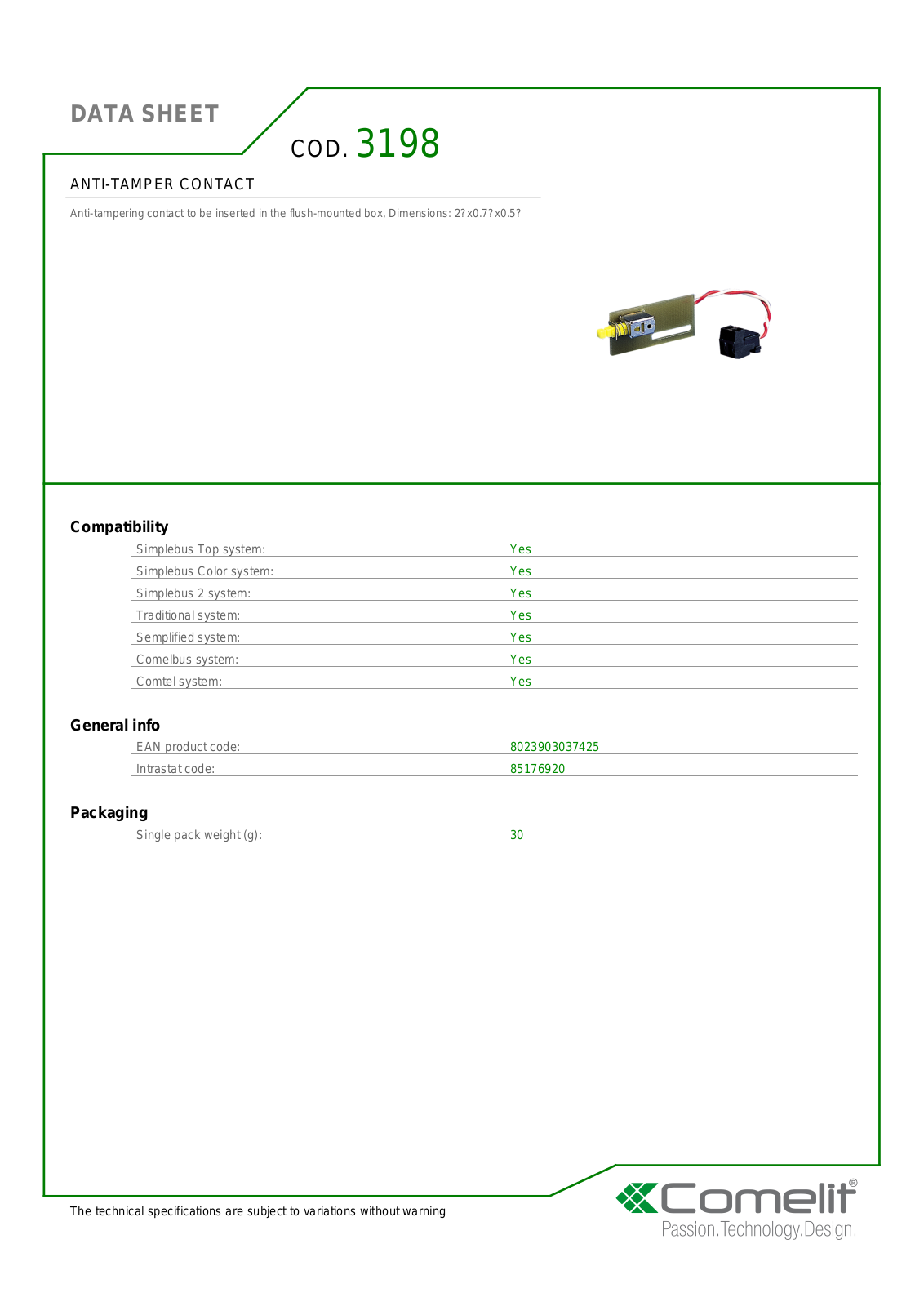 Comelit 3198 Specsheet