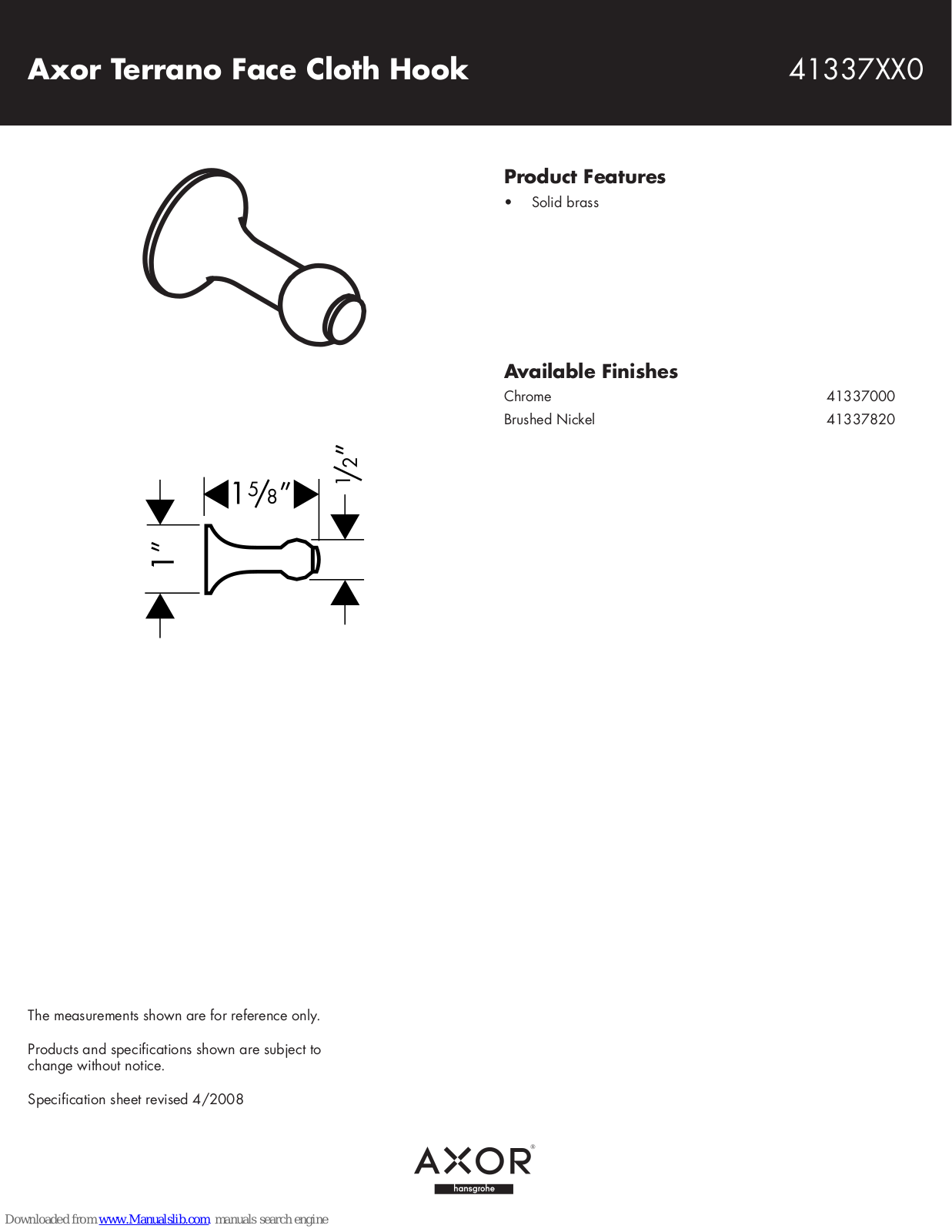 Axor 41337000, 41337820 Specification Sheet