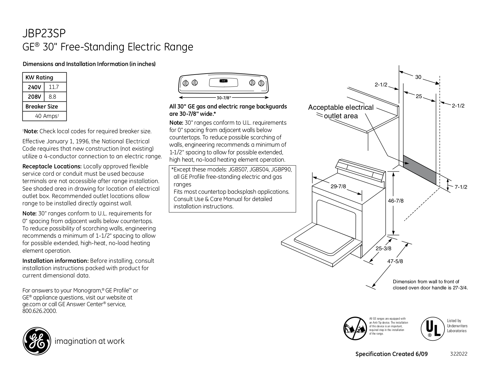 GE JBP23SP Specification