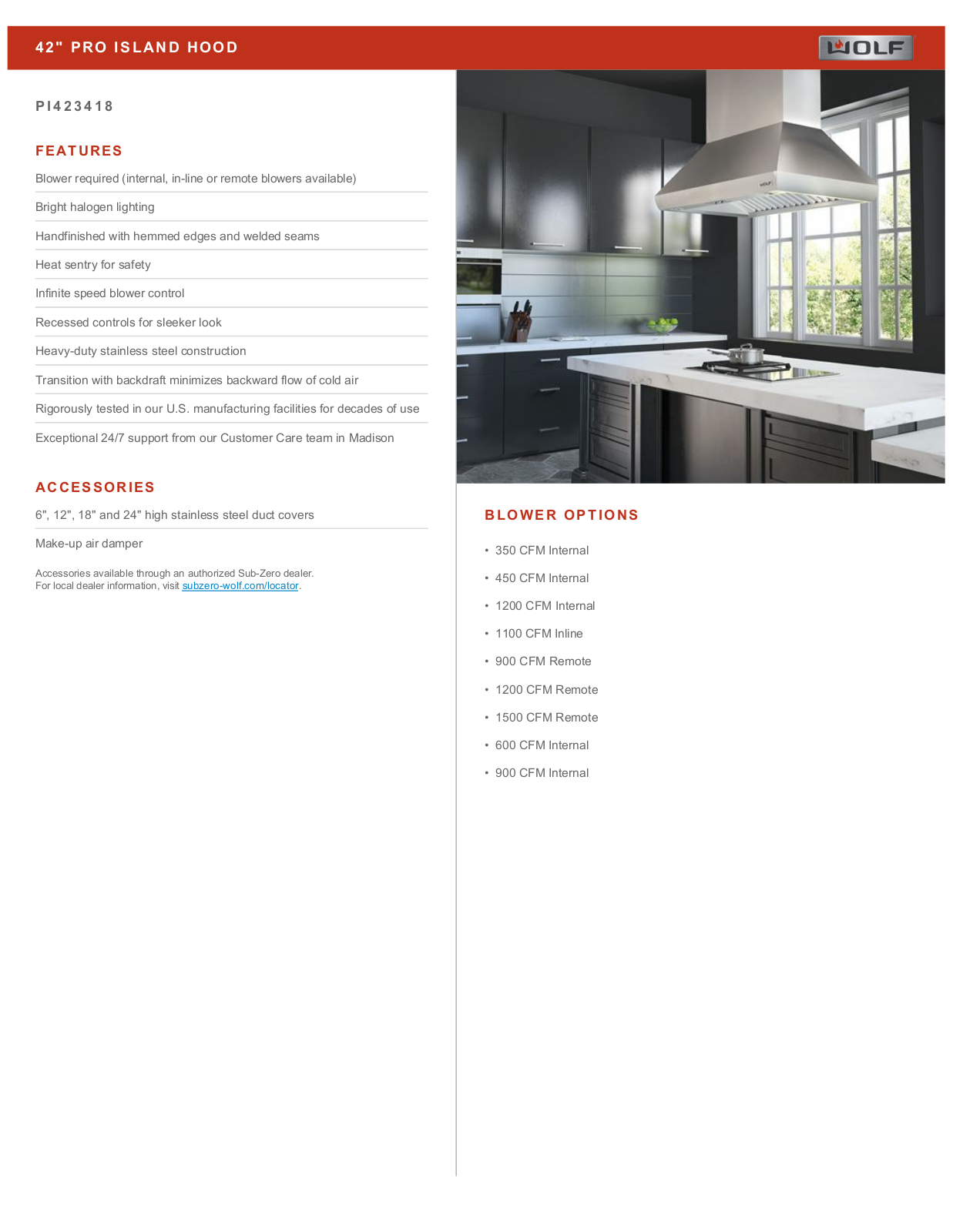 Wolf PI423418 Specification Sheet