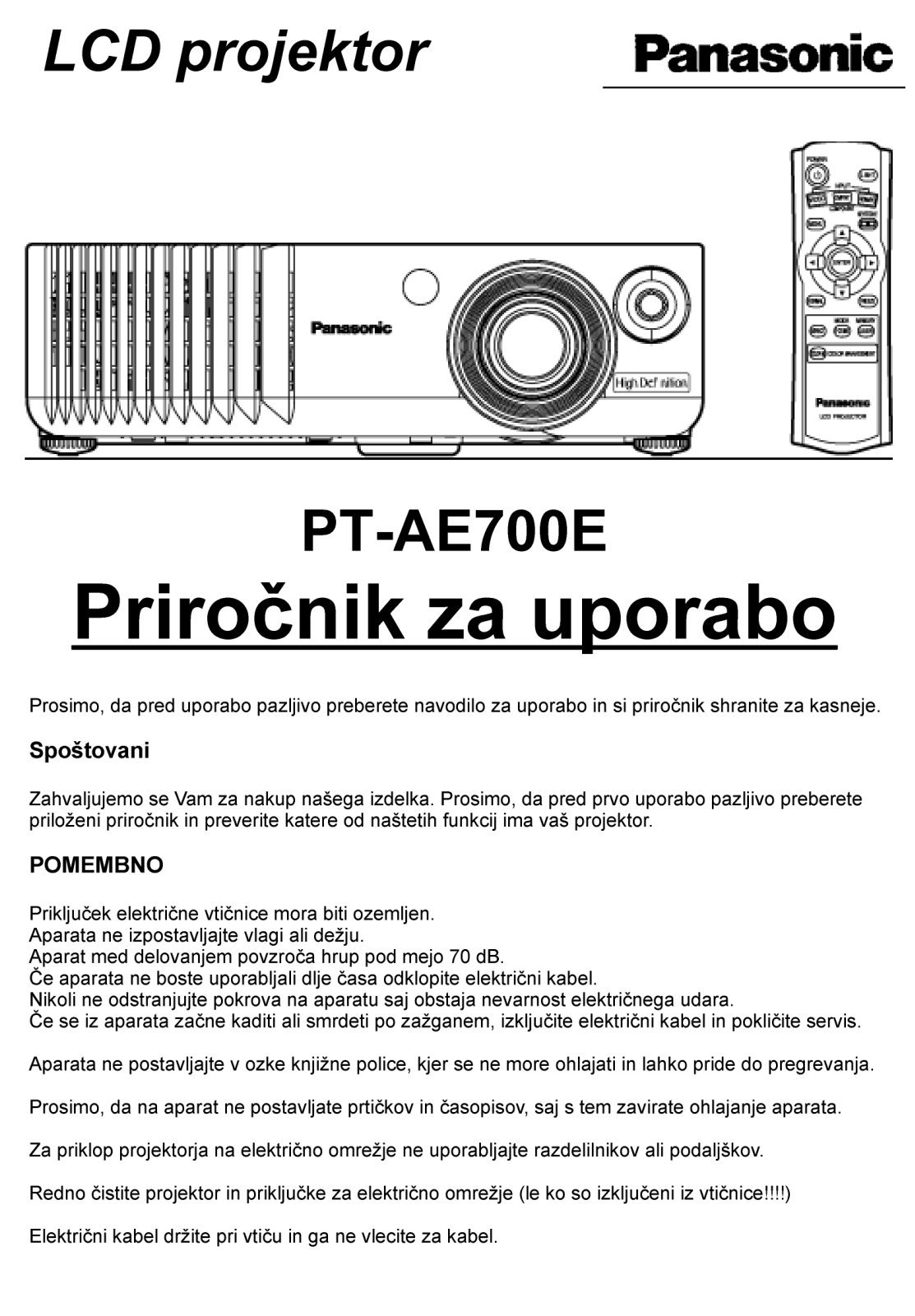 Panasonic PT-AE700E User Manual