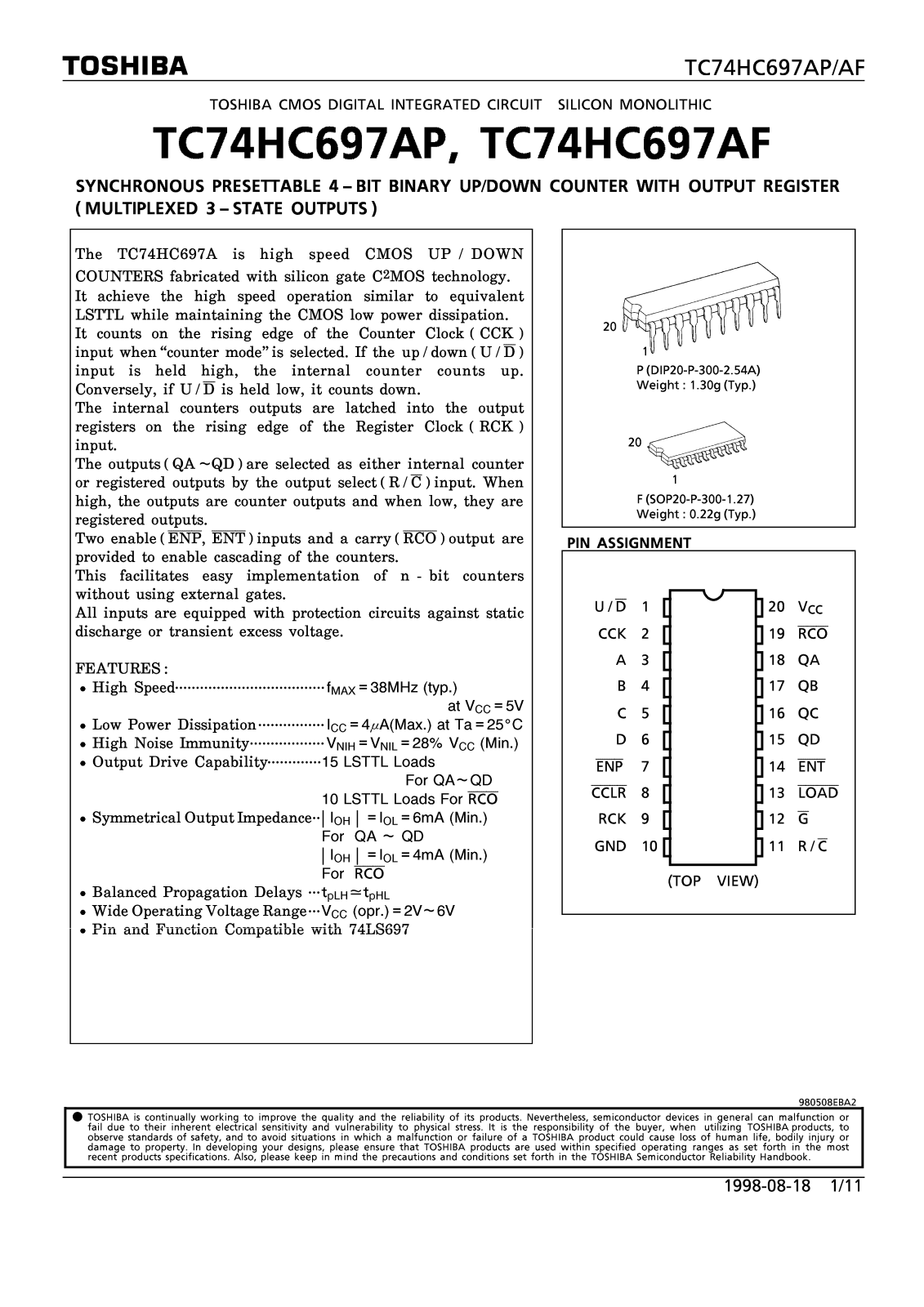 Toshiba TC74HC697AP, TC74HC697AF Datasheet