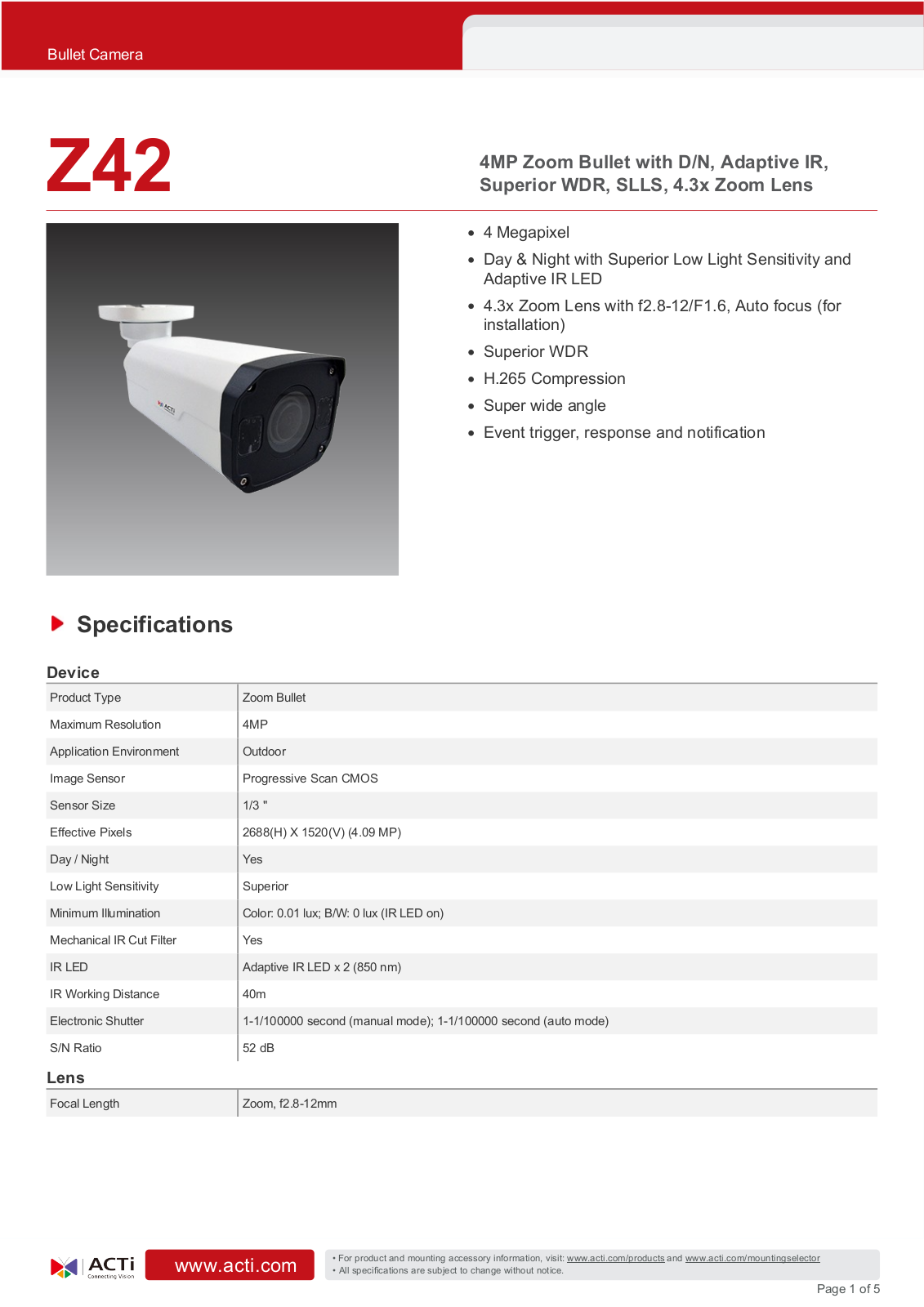 ACTi Z42 Specsheet