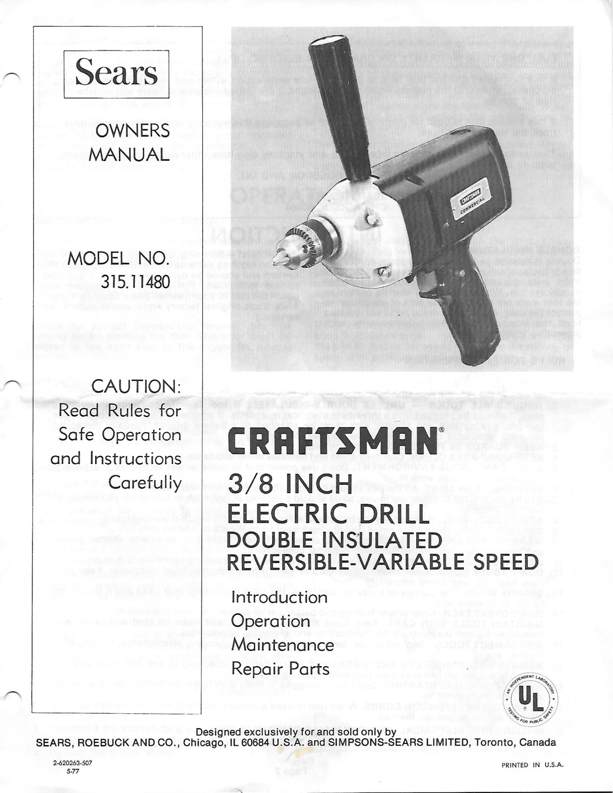 Craftsman 315.11480 Owner's Manual