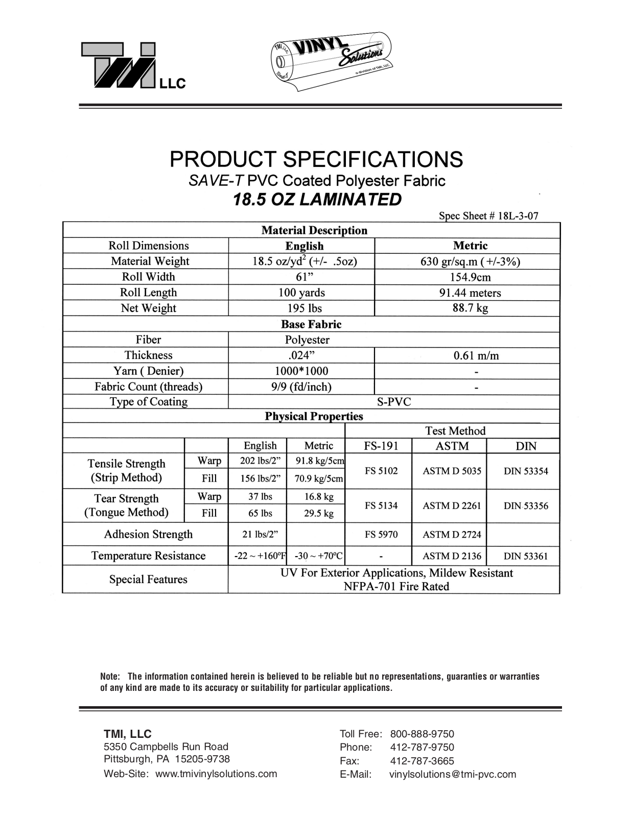 Tmi 18.05 OZ LAMINATED User Manual