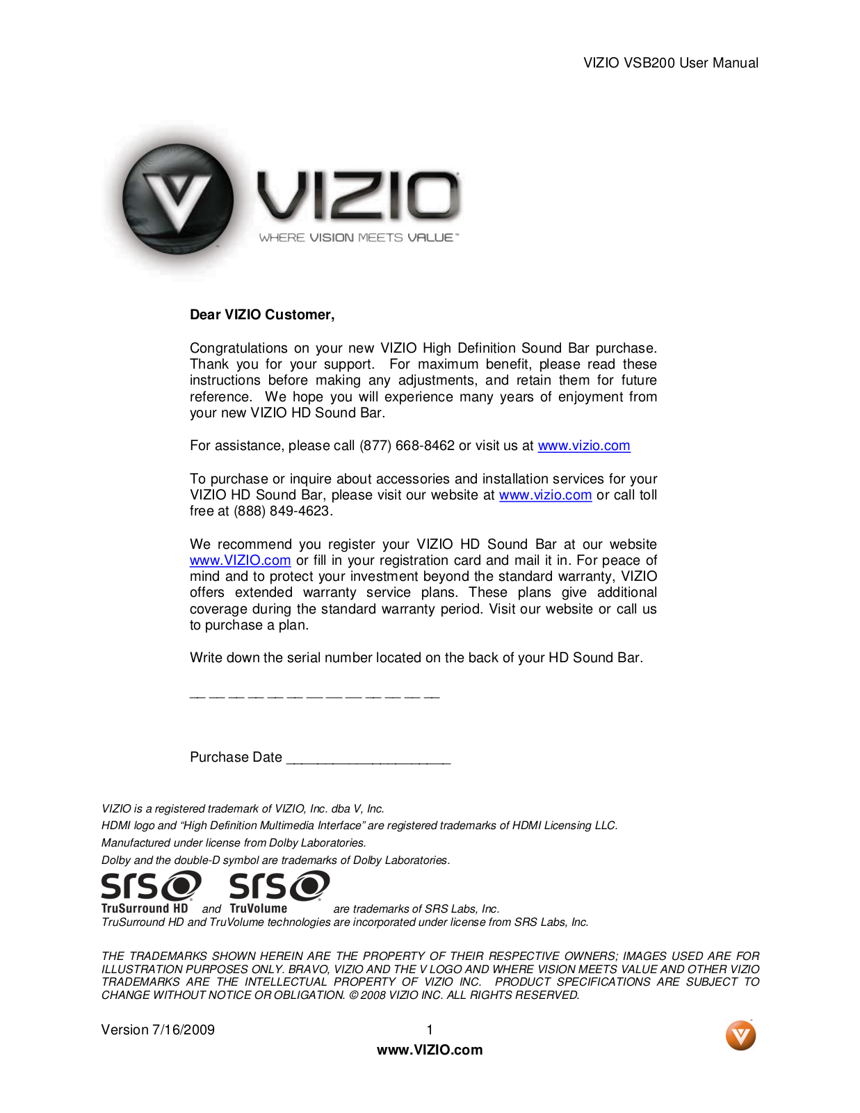 Vizio VSB200 User Manual