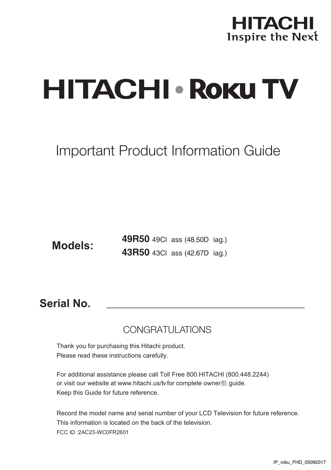 Hitachi Roku TV 43R50, Roku TV 49R50 User Manual