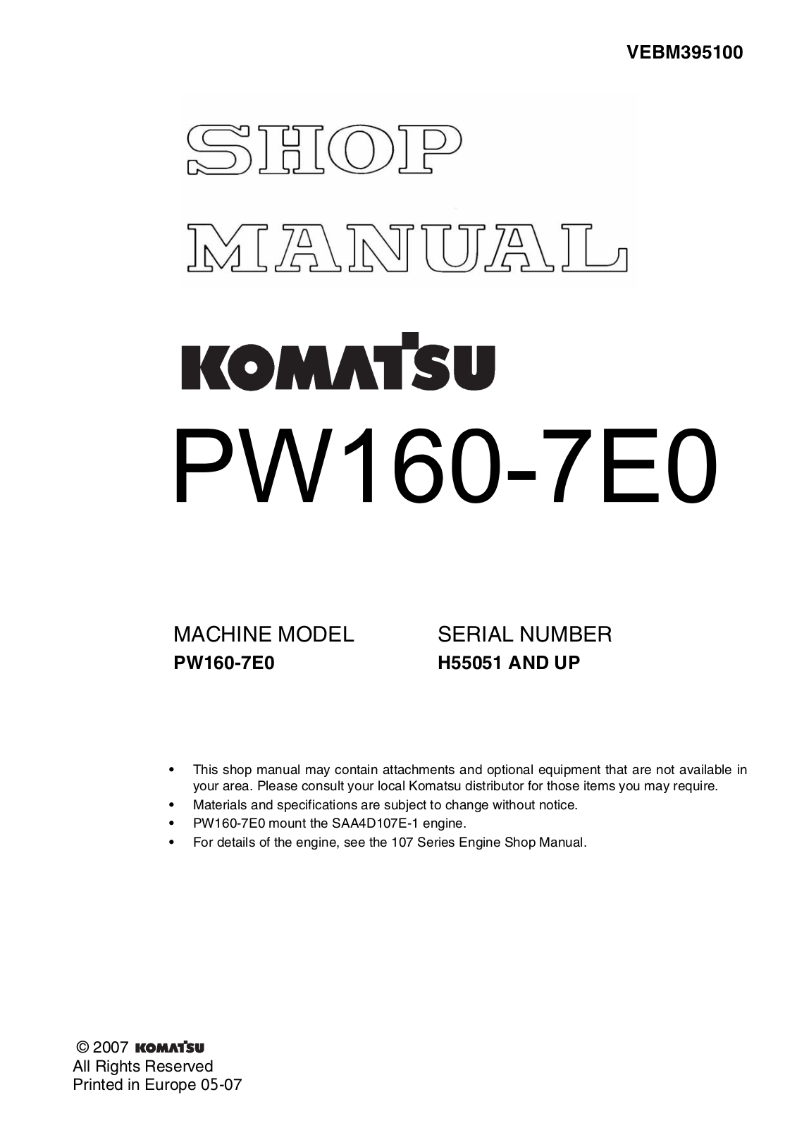 Komatsu PW160-7E0 Service Manual