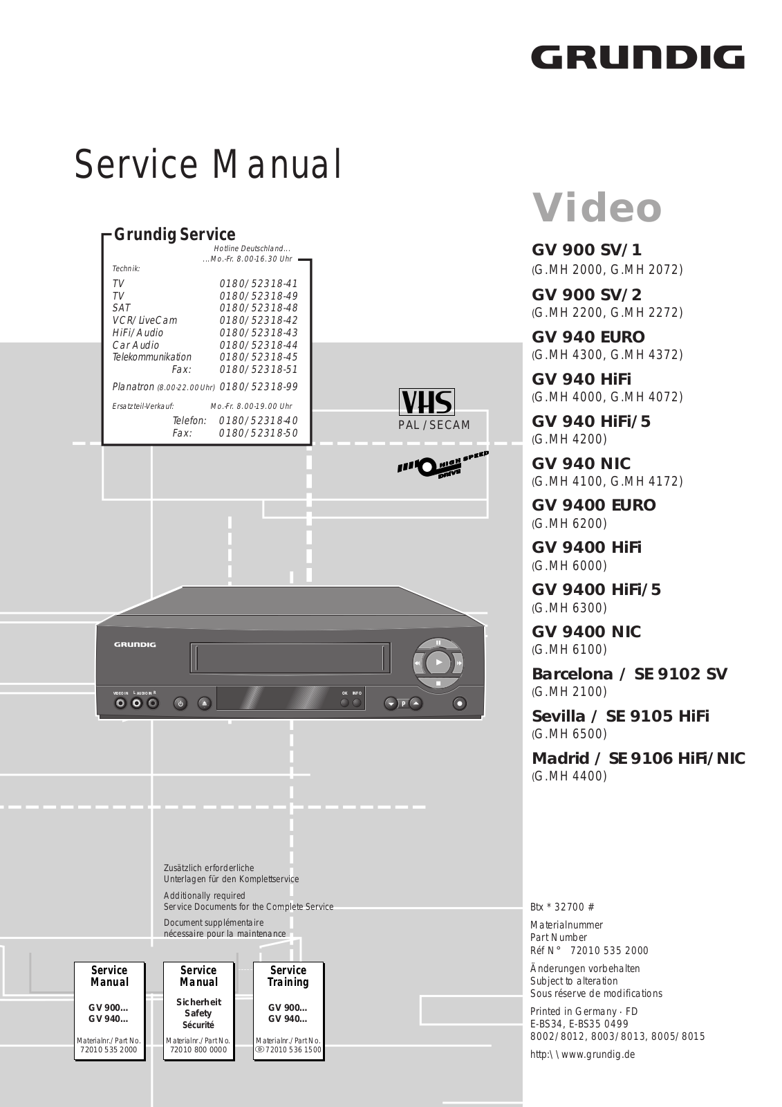 GRUNDIG GV 900 SV/1, GV 900 SV/2, GV 940 EURO, GV 940 HiFi, GV 940 HiFi/5 Service Manual