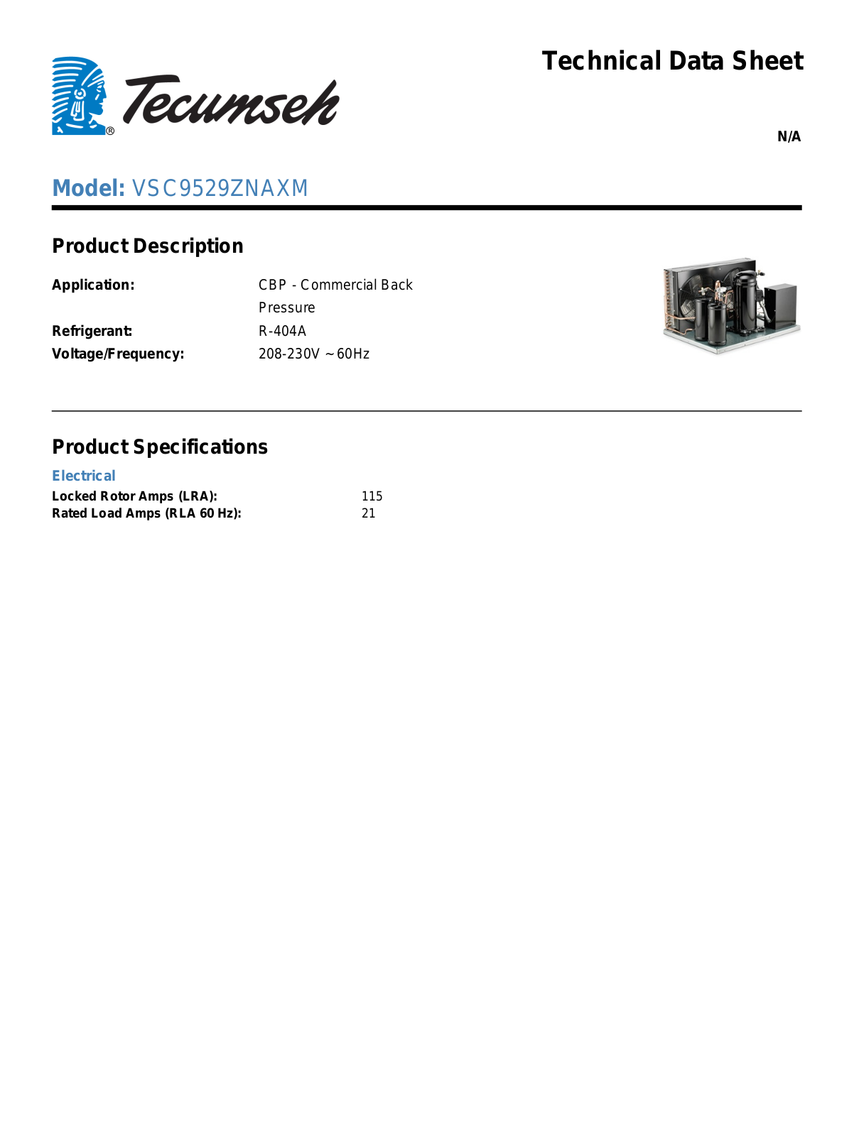 Tecumseh VSC9529ZNAXM Technical Data Sheet