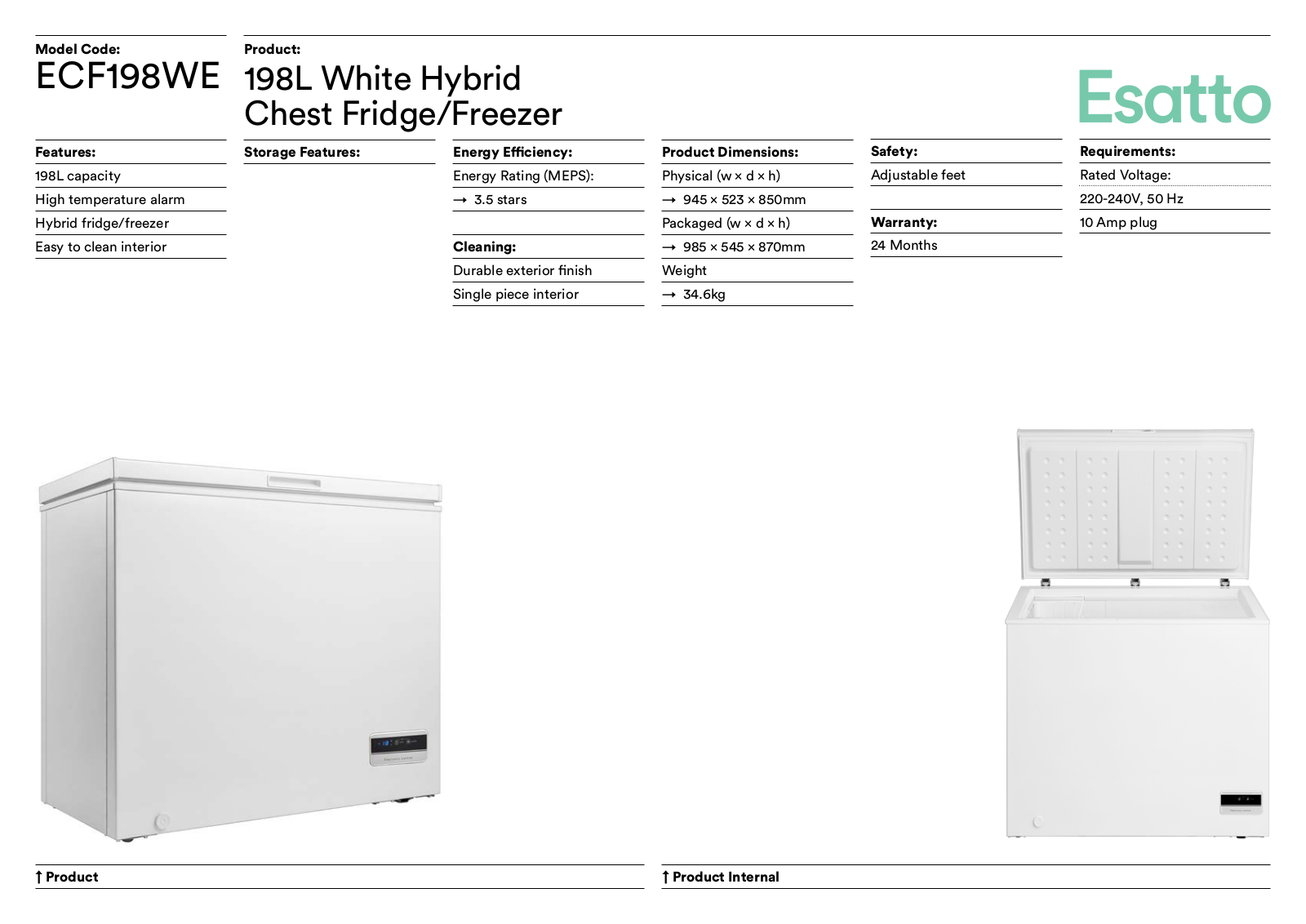 Esatto ECF198WE Specifications Sheet