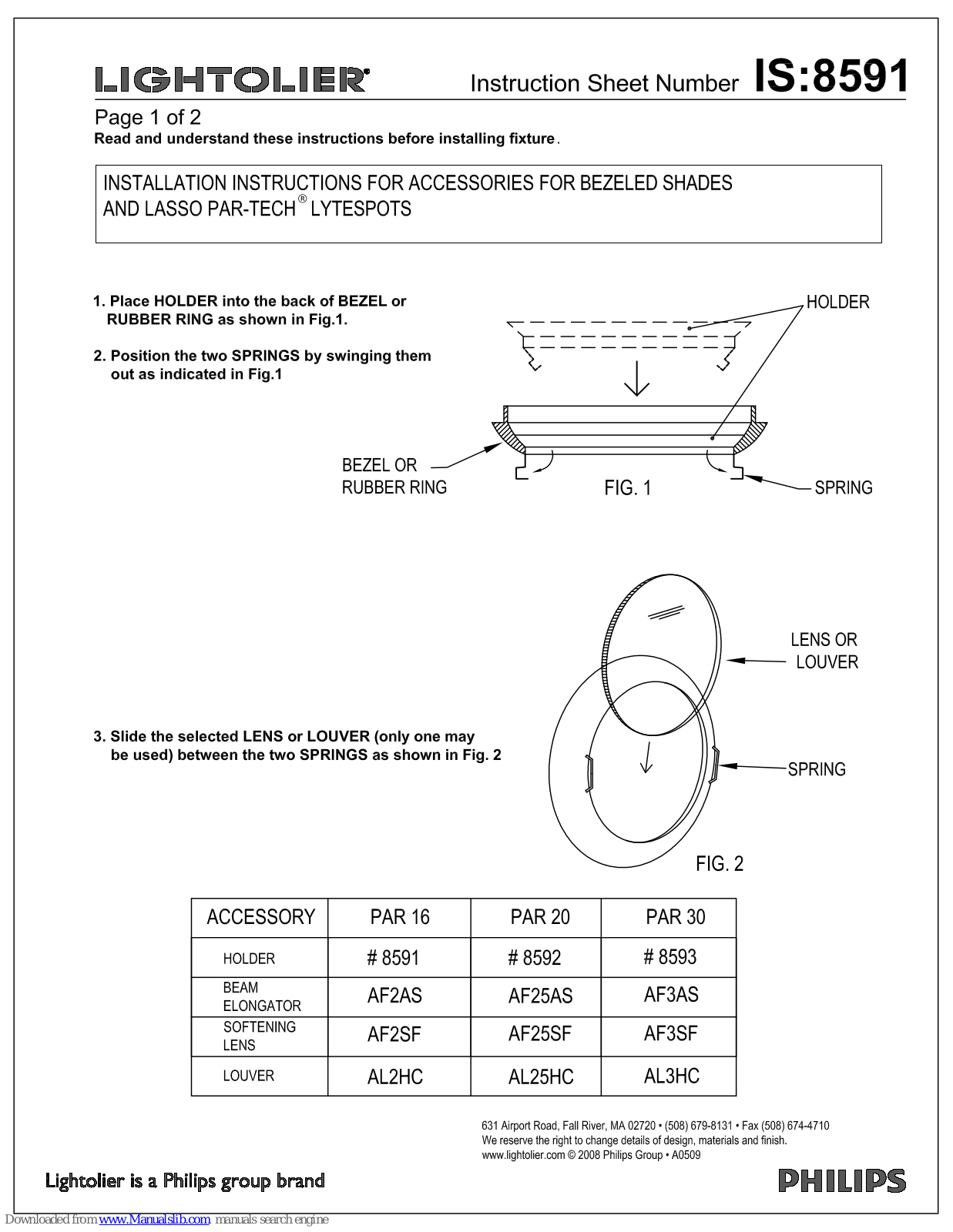 Lightolier Accessories for bezeled shades and lasso par-tech lytespots, 8591, 8592, 8593, 8542BK Instructions Manual