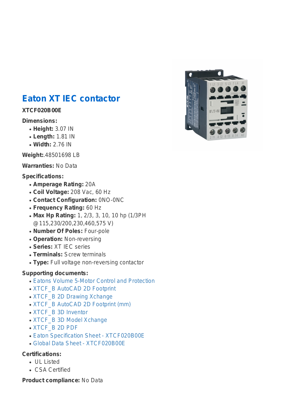 Cutler Hammer, Div of Eaton Corp XTCF020B00E Data Sheet