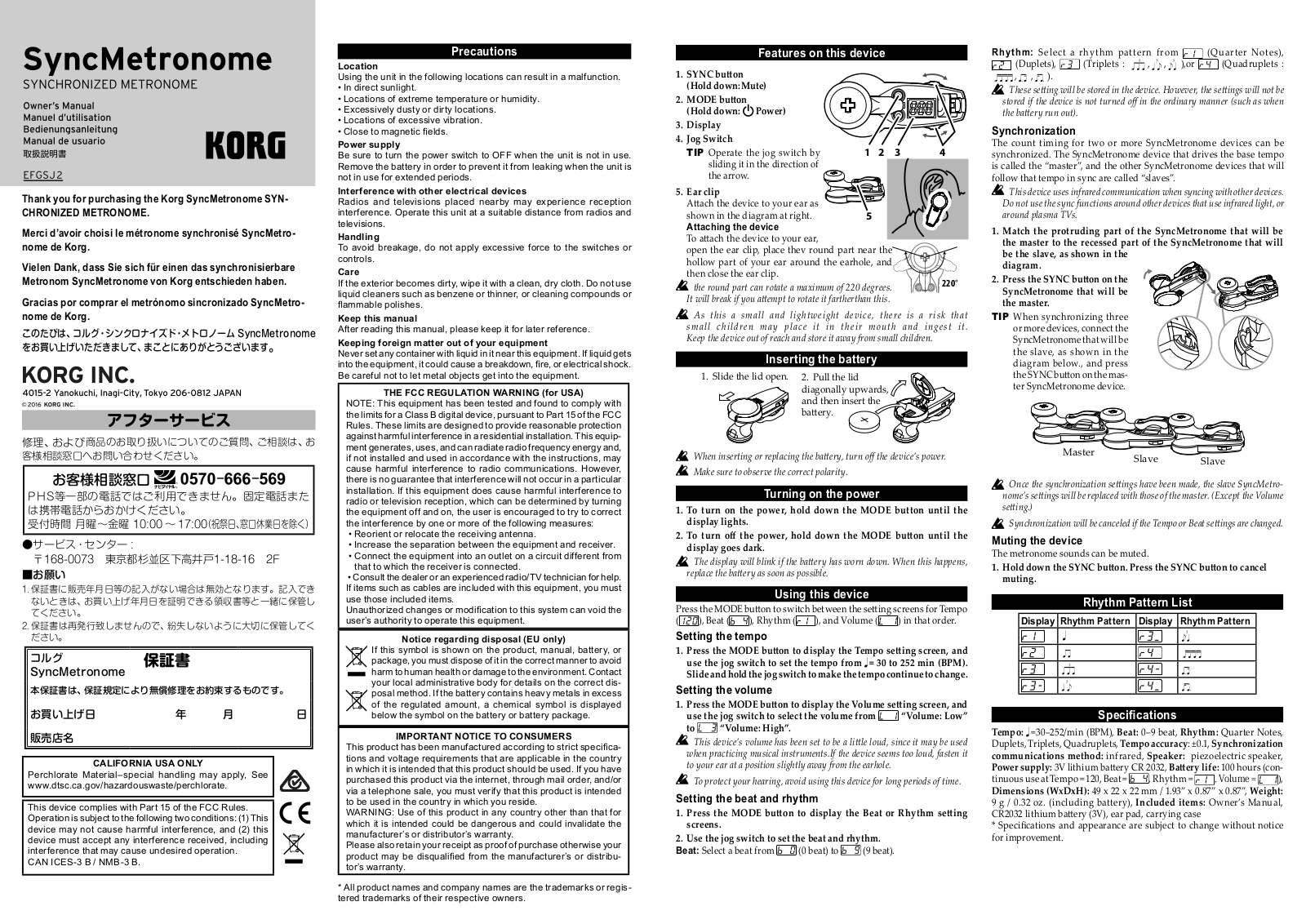 Korg SY-1M, SyncMetronome OWNER’S MANUAL