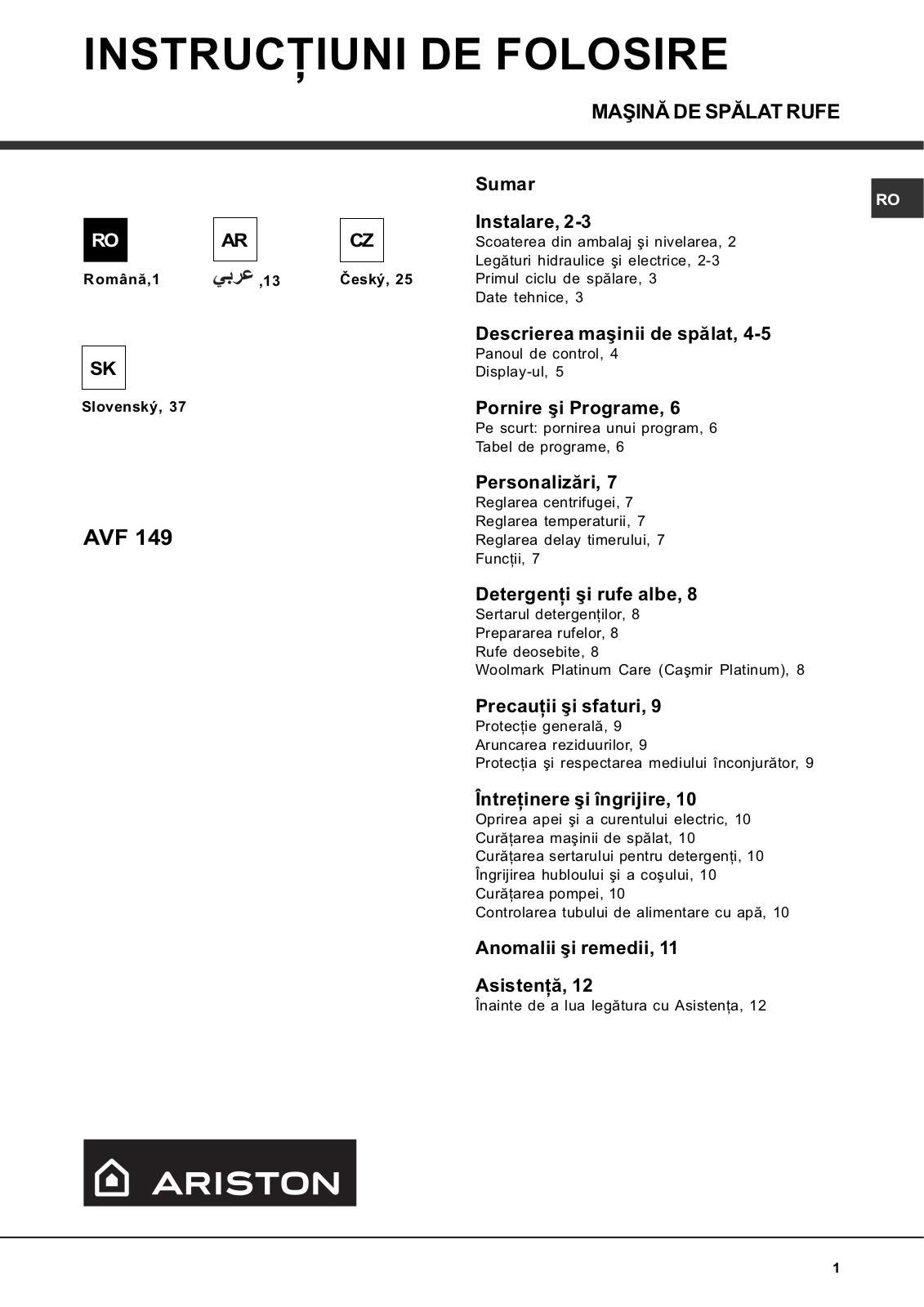 Ariston AVF 149 User Manual